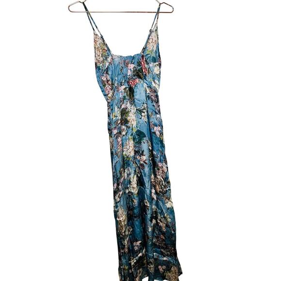 LOUNA Blue Floral Printed Tie Front Waist Mid Slit Maxi Tropical Dress Size S - Picture 5 of 11